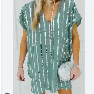 NWT By Together Sequin Shift  Shirt Tunic Dress, Sage Green, Size S
